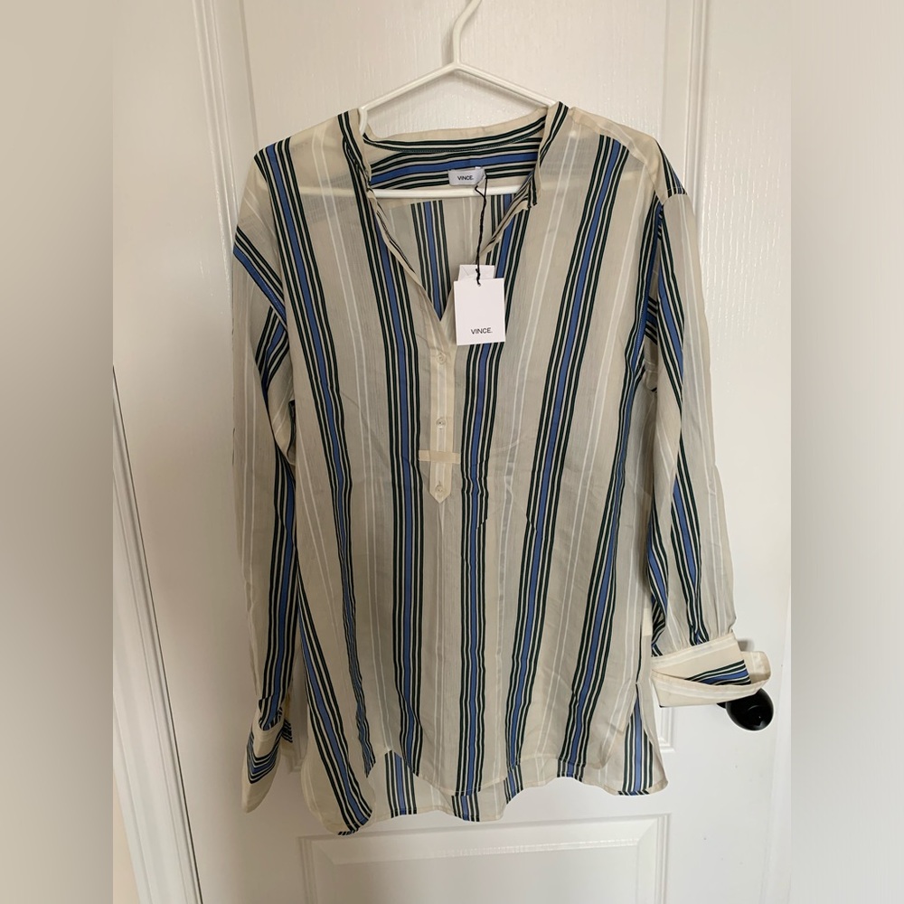 Vince Cream Tunic Top with Blue and Black Stripes